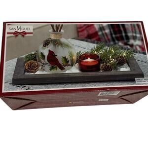 San Miguel Holly Berry Lighting Holiday tray handpainted diffuser & glass votive